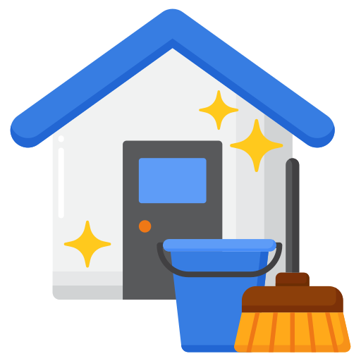 Clipart image showing a clean house shining with a bucket and broom nearby